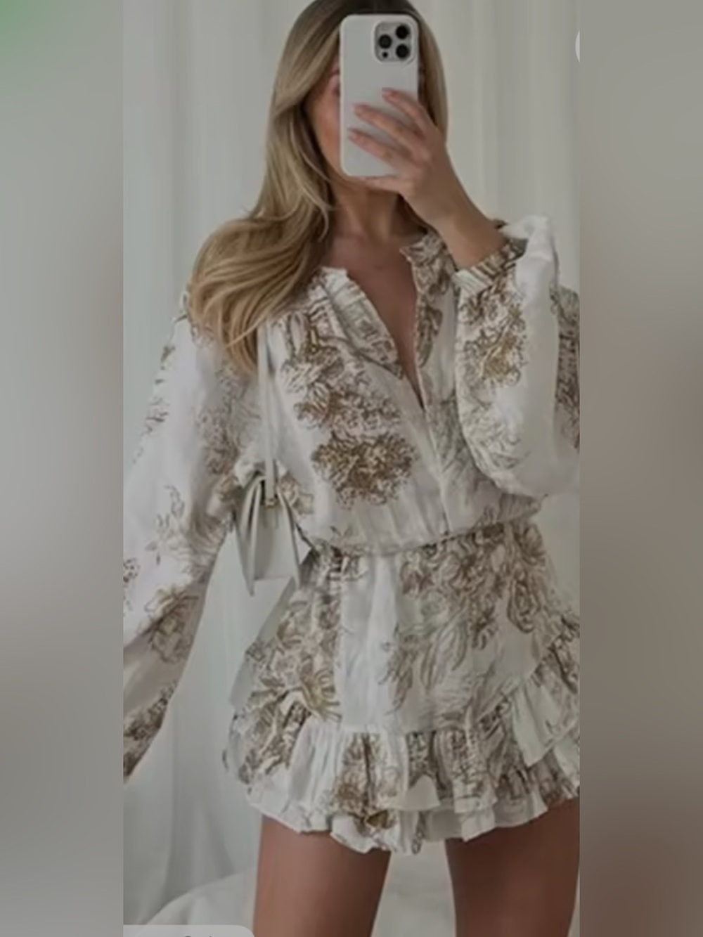 Cotton Gauze Ruffled Mini Dress with Brown Toile Print M